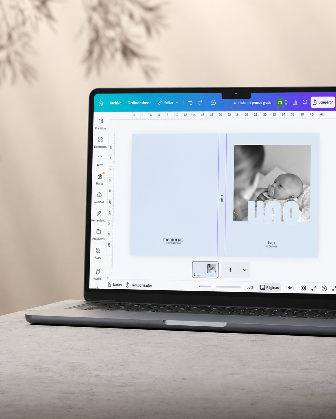 Plantilla photobook en Canva | 1 Año Celeste